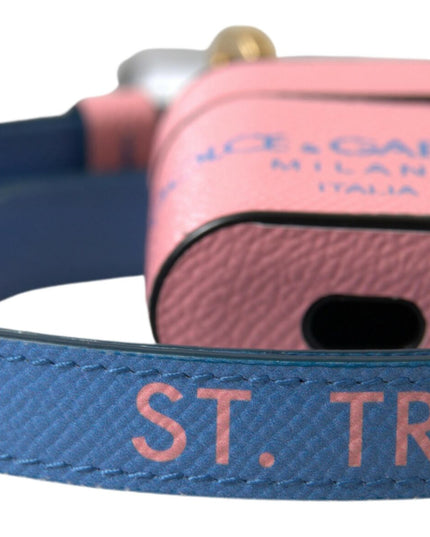 Dolce & Gabbana Pink Blue Calf Leather Logo Print Strap Airpods Case