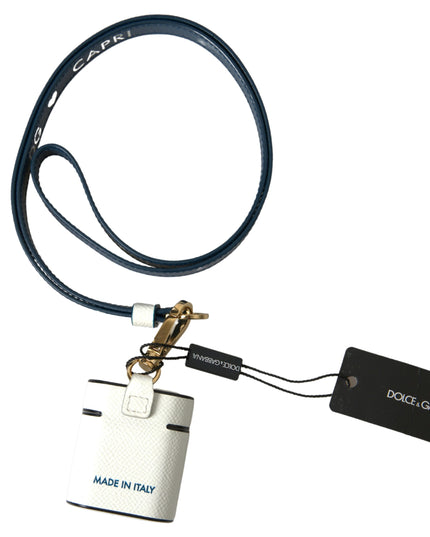 Dolce & Gabbana White Blue Calf Leather Logo Print Strap Airpods Case