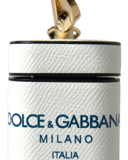Dolce & Gabbana White Blue Calf Leather Logo Print Strap Airpods Case
