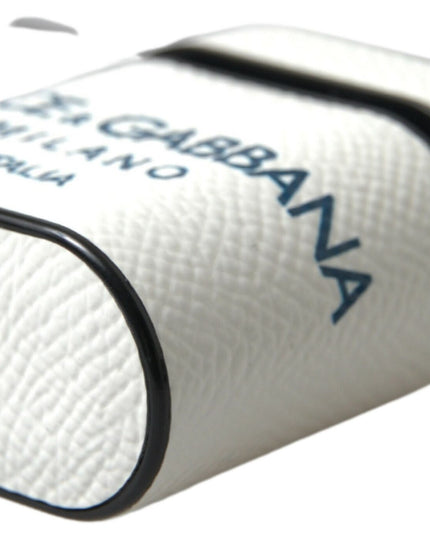 Dolce & Gabbana White Blue Calf Leather Logo Print Strap Airpods Case