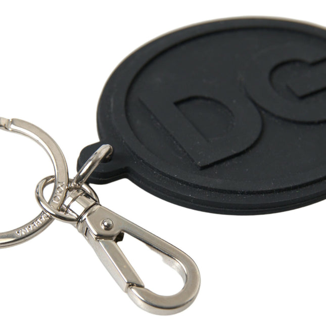 Dolce & Gabbana Black Rubber DG Logo Silver Brass Metal Keychain