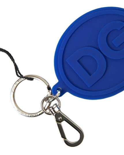 Dolce & Gabbana Blue Rubber DG Logo Silver Brass Metal Keyring Keychain