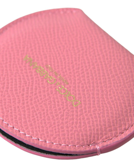 Dolce & Gabbana Pink Calfskin Leather Round Logo Print Hand Mirror Holder