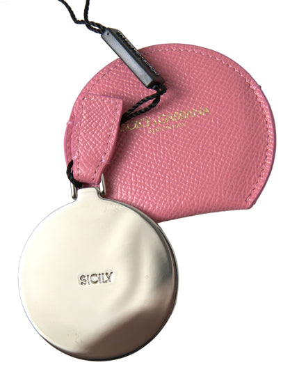 Dolce & Gabbana Pink Calfskin Leather Round Logo Print Hand Mirror Holder