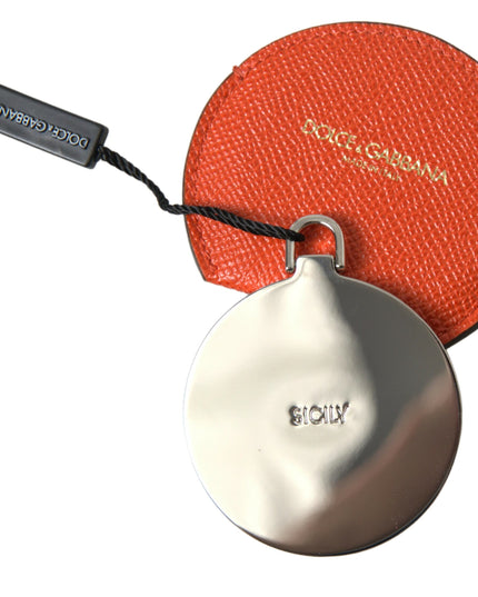 Dolce & Gabbana Orange Calfskin Leather Round Logo Hand Mirror Holder