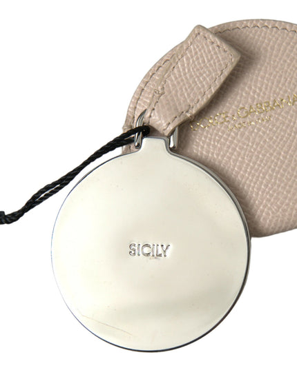 Dolce & Gabbana Beige Calfskin Leather Round Logo Hand Mirror Holder