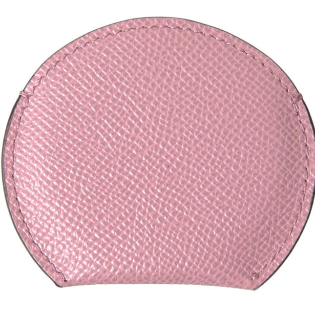 Dolce & Gabbana Pink Calfskin Leather Round Logo Print Hand Mirror Holder