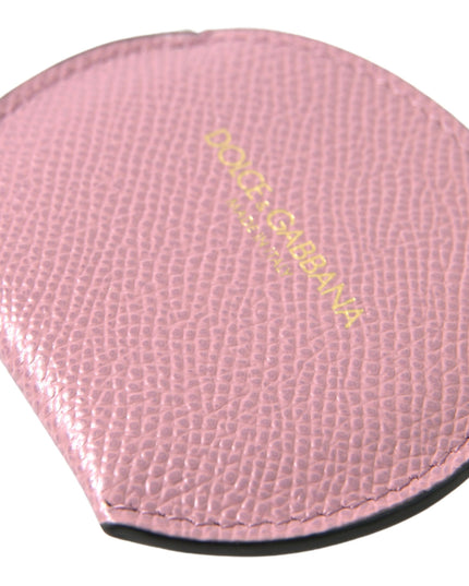 Dolce & Gabbana Pink Calfskin Leather Round Logo Print Hand Mirror Holder