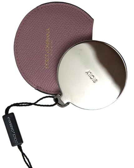 Dolce & Gabbana Pink Calfskin Leather Round Logo Print Hand Mirror Holder