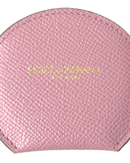 Dolce & Gabbana Pink Calfskin Leather Round Logo Print Hand Mirror Holder