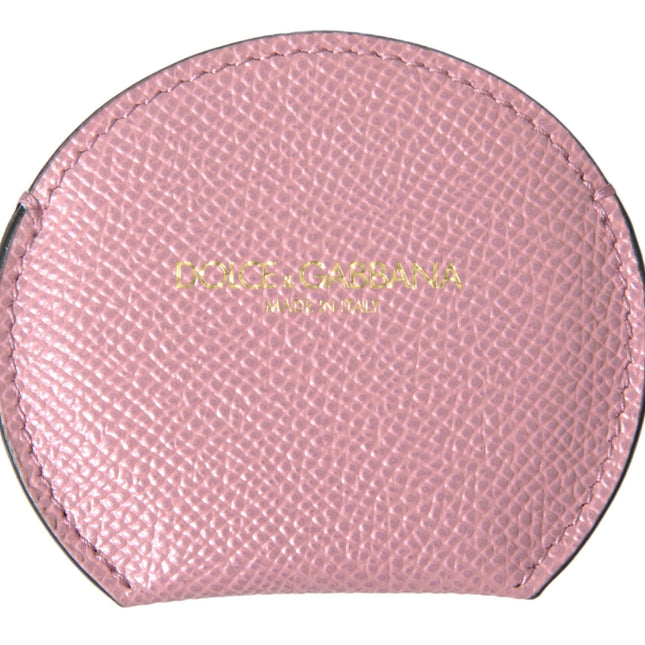 Dolce & Gabbana Pink Calfskin Leather Round Logo Print Hand Mirror Holder