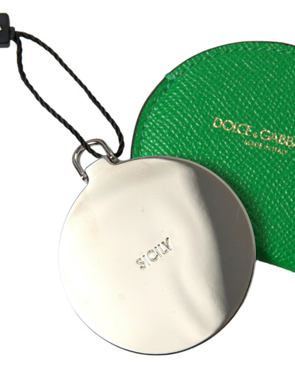 Dolce & Gabbana Green Calfskin Leather Round Logo Hand Mirror Holder