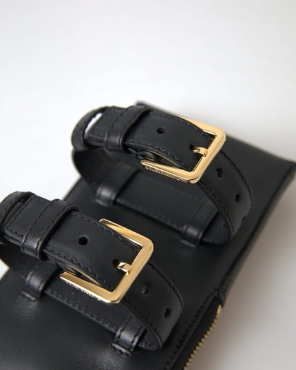 Dolce & Gabbana Black Leather Men Purse Double Belt Strap Bracelet Bag