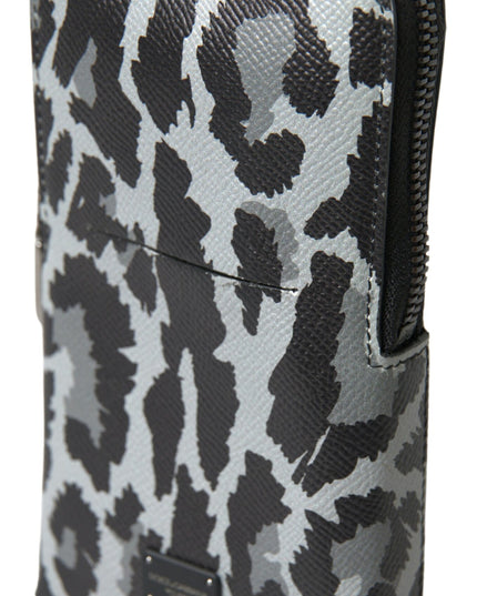 Dolce & Gabbana Gray Leopard Leather Men Purse Crossbody Sling Phone Bag