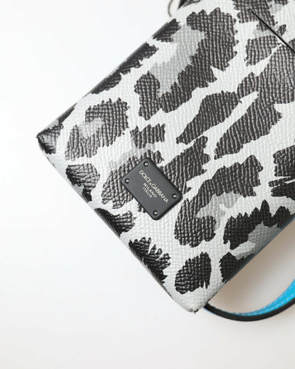 Dolce & Gabbana Gray Leopard Leather Men Purse Crossbody Sling Phone Bag