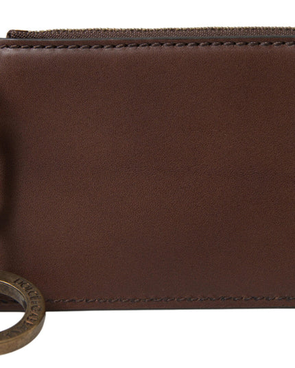Dolce & Gabbana Brown Leather Zip Logo Keyring Coin Purse Wallet