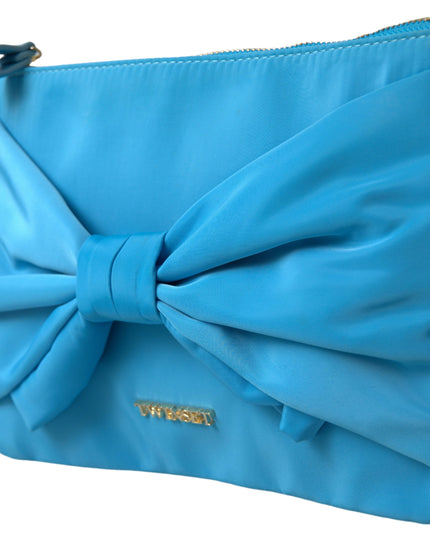 Twinset Blue Tafta Silk Large Bow Zipper Clutch Women Borse Logo Bag