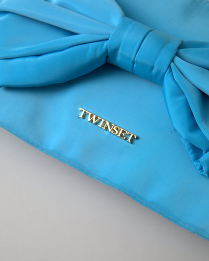 Twinset Blue Tafta Silk Large Bow Zipper Clutch Women Borse Logo Bag