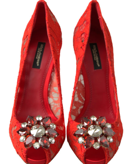 Dolce & Gabbana Red Taormina Lace Crystal Heels Pumps Shoes