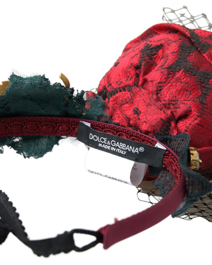 Dolce & Gabbana Red with multicolor Rose Silk Crystal Netted Logo Diadem Headband