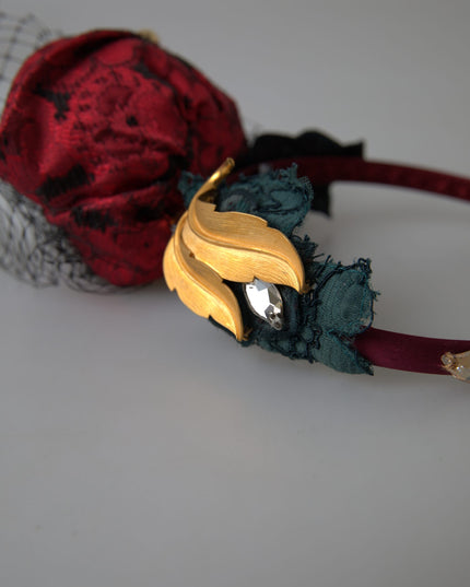 Dolce & Gabbana Red with multicolor Rose Silk Crystal Netted Logo Diadem Headband