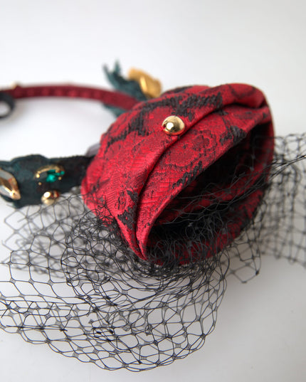 Dolce & Gabbana Red with multicolor Rose Silk Crystal Netted Logo Diadem Headband