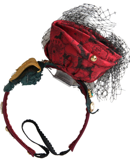 Dolce & Gabbana Red with multicolor Rose Silk Crystal Netted Logo Diadem Headband