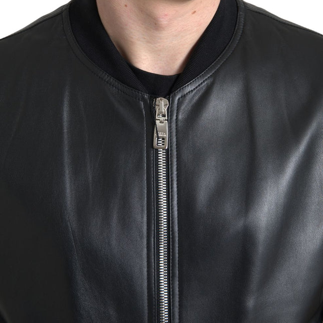 Dolce & Gabbana Black Leather Full Zip Bomber Men Jacket
