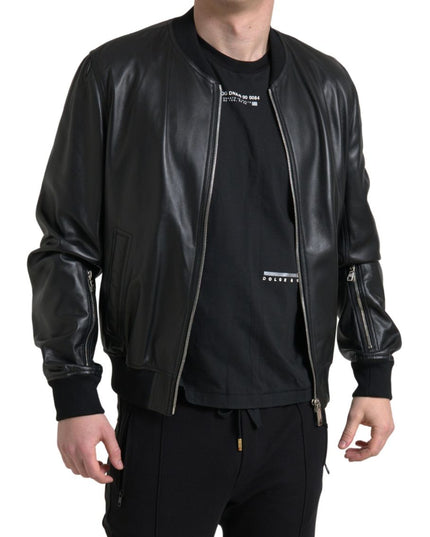 Dolce & Gabbana Black Leather Full Zip Bomber Men Jacket