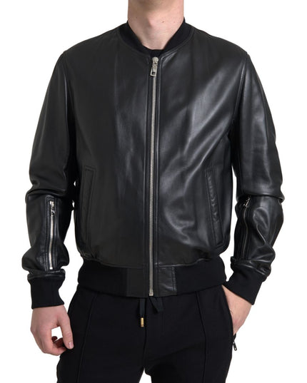 Dolce & Gabbana Black Leather Full Zip Bomber Men Jacket