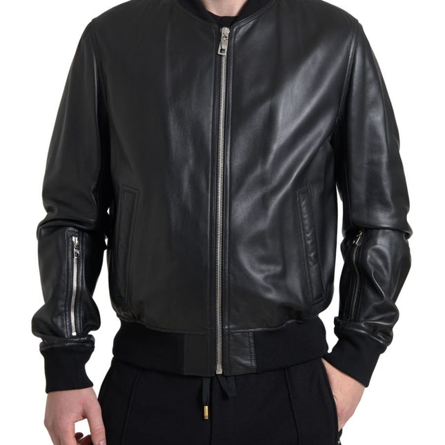 Dolce & Gabbana Black Leather Full Zip Bomber Men Jacket