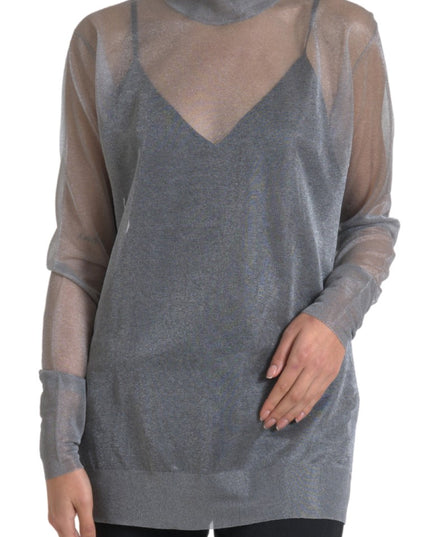 Dolce & Gabbana Gray Mesh Turtleneck Long Sleeve Blouse Top