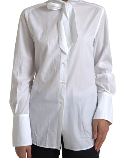 Dolce & Gabbana White Cotton Ascot Collar Long Sleeves Top