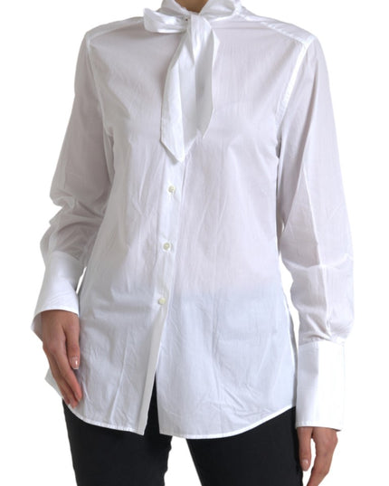 Dolce & Gabbana White Cotton Ascot Collar Long Sleeves Top