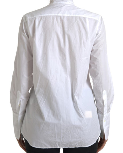 Dolce & Gabbana White Cotton Ascot Collar Long Sleeves Top