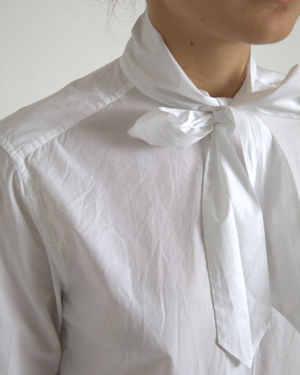 Dolce & Gabbana White Cotton Ascot Collar Long Sleeves Top