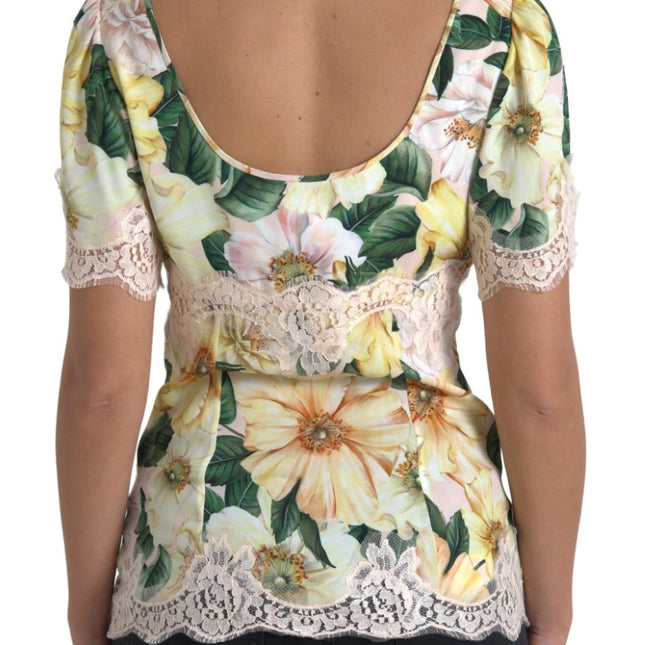 Dolce & Gabbana Multicolor Floral Lace V Neck Blouse