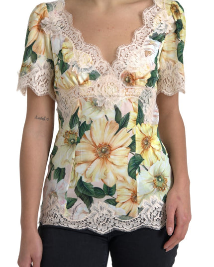Dolce & Gabbana Multicolor Floral Lace V Neck Blouse