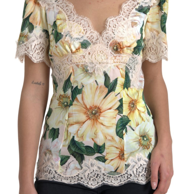 Dolce & Gabbana Multicolor Floral Lace V Neck Blouse