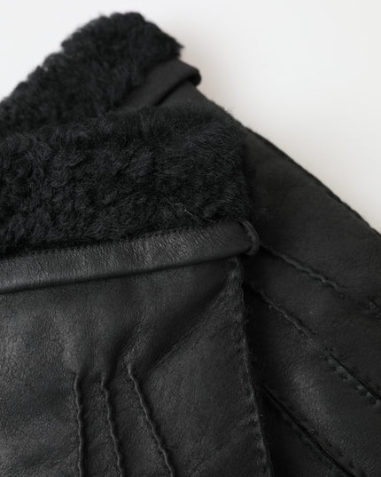 Dolce & Gabbana Black Leather Fur Short Hands Mitten Men Gloves