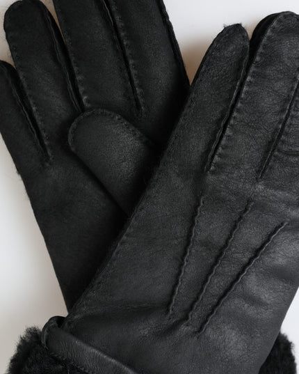 Dolce & Gabbana Black Leather Fur Short Hands Mitten Men Gloves