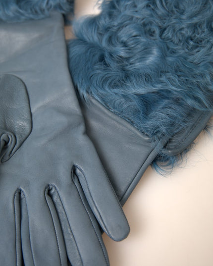 Dolce & Gabbana Blue Leather Fur Mid Arm Length Gloves