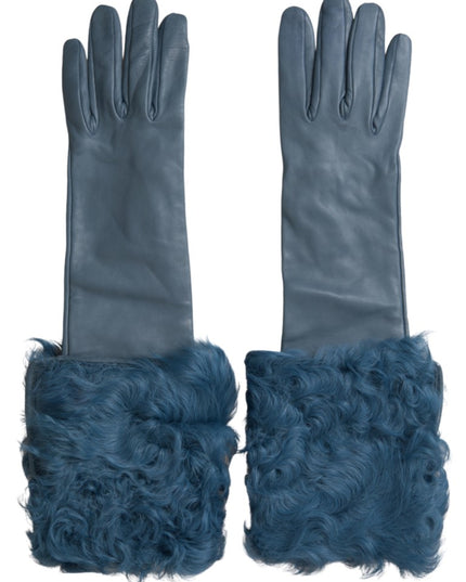 Dolce & Gabbana Blue Leather Fur Mid Arm Length Gloves