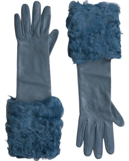 Dolce & Gabbana Blue Leather Fur Mid Arm Length Gloves