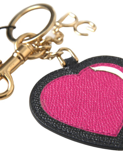 Dolce & Gabbana Black Fuchsia Heart Leather Gold Metal Keyring Keychain