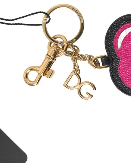 Dolce & Gabbana Black Fuchsia Heart Leather Gold Metal Keyring Keychain