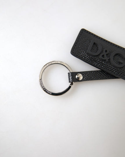 Dolce & Gabbana Black DG Logo Leather Silver Metal Keychain