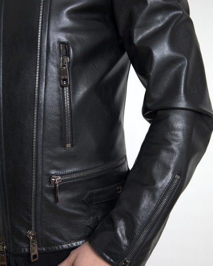 Dolce & Gabbana Black Leather Zipper Coat Men Jacket