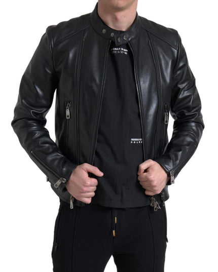 Dolce & Gabbana Black Leather Zipper Coat Men Jacket