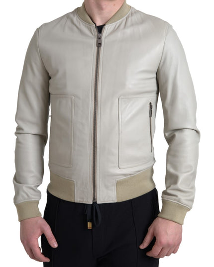 Dolce & Gabbana Cream Leather Bomber Blouson Full Zip Jacket